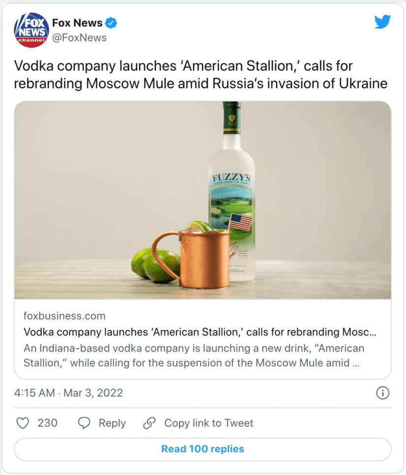 FOX NEWS headline about Fuzzy's Vodka that reads: Vodka Company launches "American Stallion", calls for rebranding Moscow Mule amid Russias's invasion of Ukraine